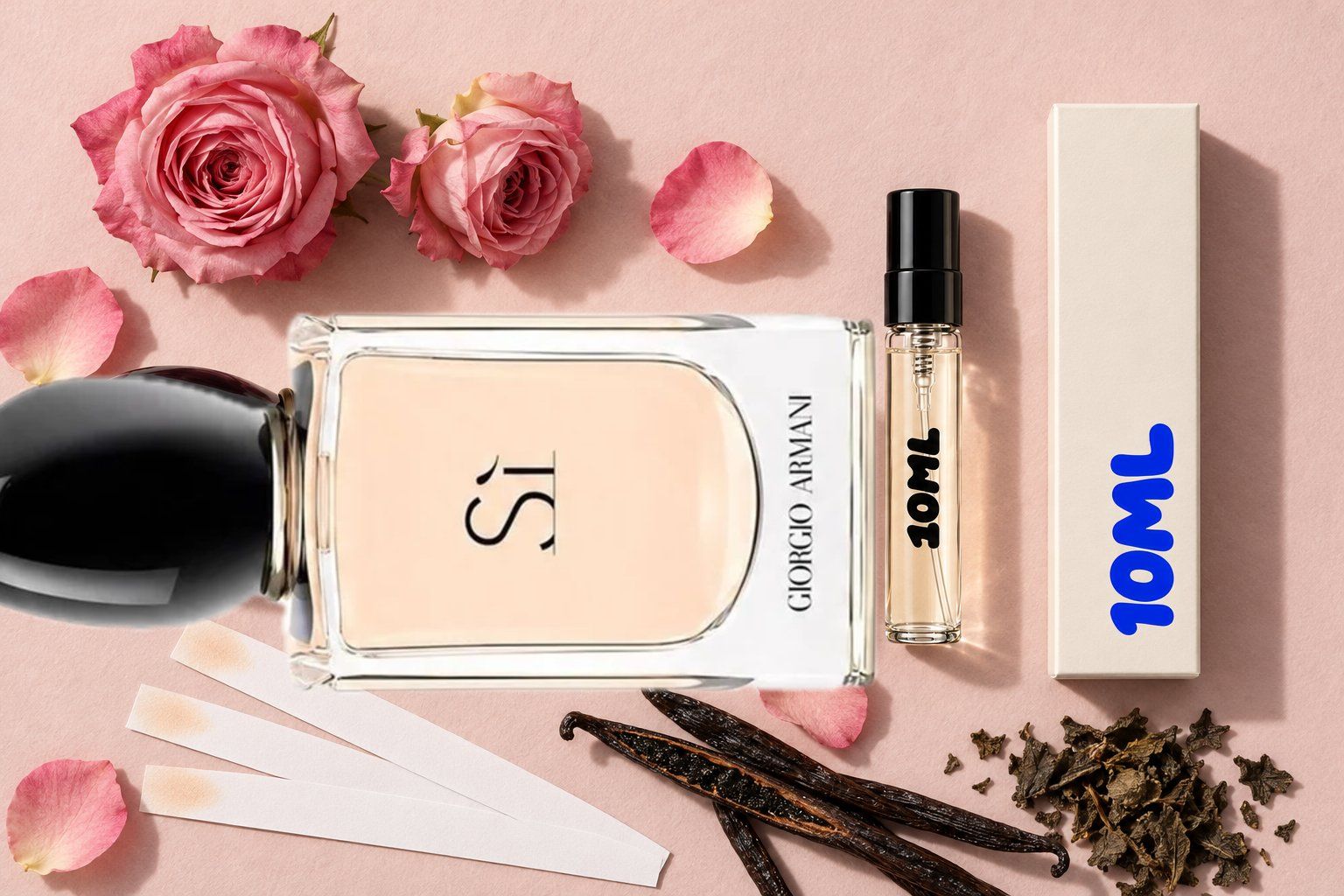 Sì by Giorgio Armani next to a 10ML decant, with rose, vanilla and patchouli, its key notes