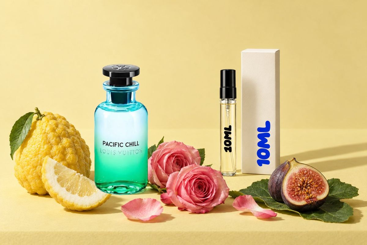 Pacific Chill by Louis Vuitton next to a 10ML decant, with citron, rose and fig, its key notes