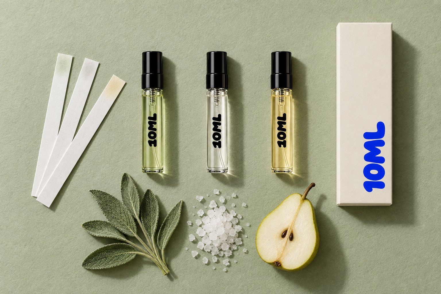 Trzy odlewki 10ML 3ml zielonych, czystych i złotych zapachów, z liśćmi szałwii, kryształkami soli morskiej i przekrojoną gruszką