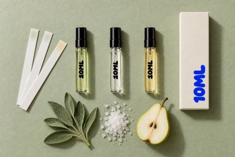 Drie 10ML-decants van 3ml met groene, heldere en gouden geuren, met salieblaadjes, zeezoutkristallen en een gehalveerde peer