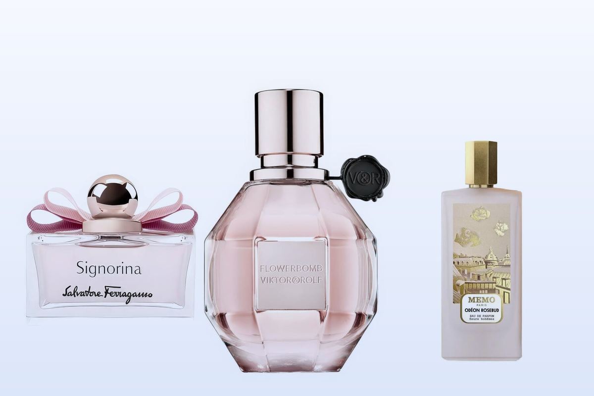 Three bottles on a pale blue background, Signorina, Flowerbomb and Odéon Rosebud