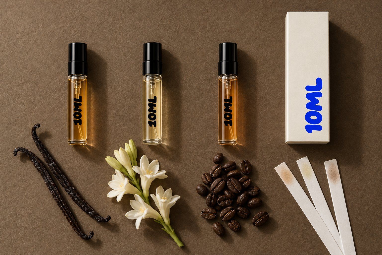 Trois décants 10ML 3ml de parfums sucrés, floraux blancs et gourmands sombres, avec gousses de vanille, fleurs de tubéreuse et café torréfié en grains
