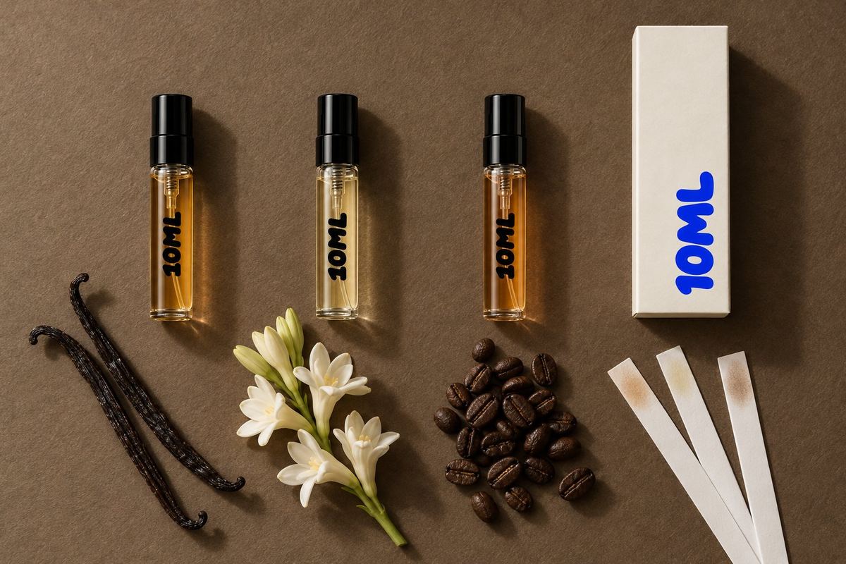 Trois décants 10ML 3ml de parfums sucrés, floraux blancs et gourmands sombres, avec gousses de vanille, fleurs de tubéreuse et café torréfié en grains