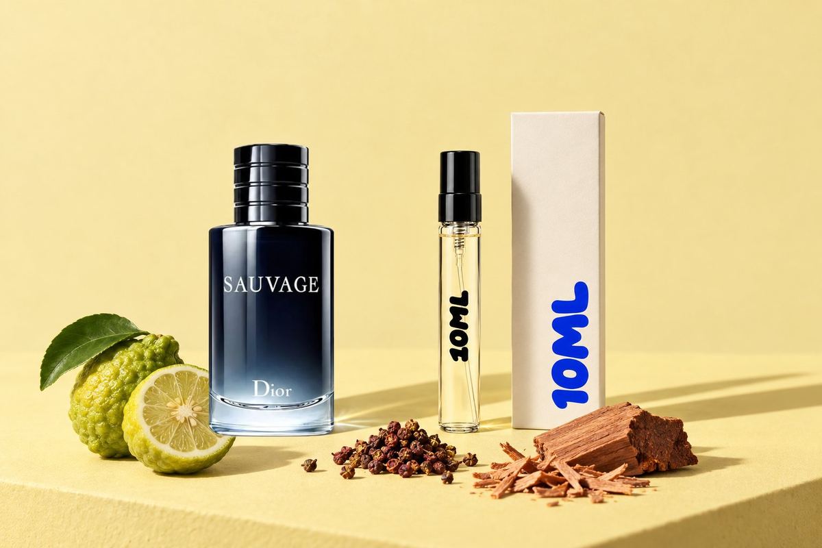 Sauvage van Dior naast een 10ML-decant, met bergamot, Sichuan-peper en cederhout, de belangrijkste geurnoten