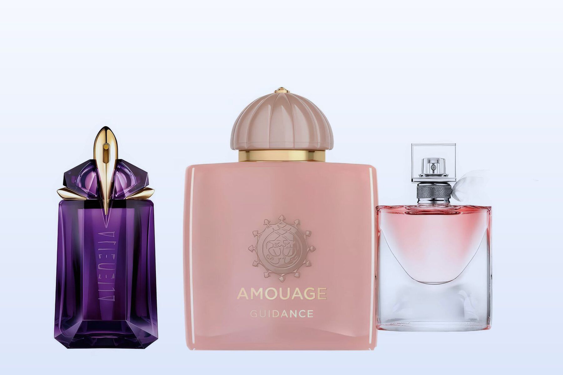 Three fragrance bottles, Alien, Guidance and La Vie Est Belle, on a pale blue background