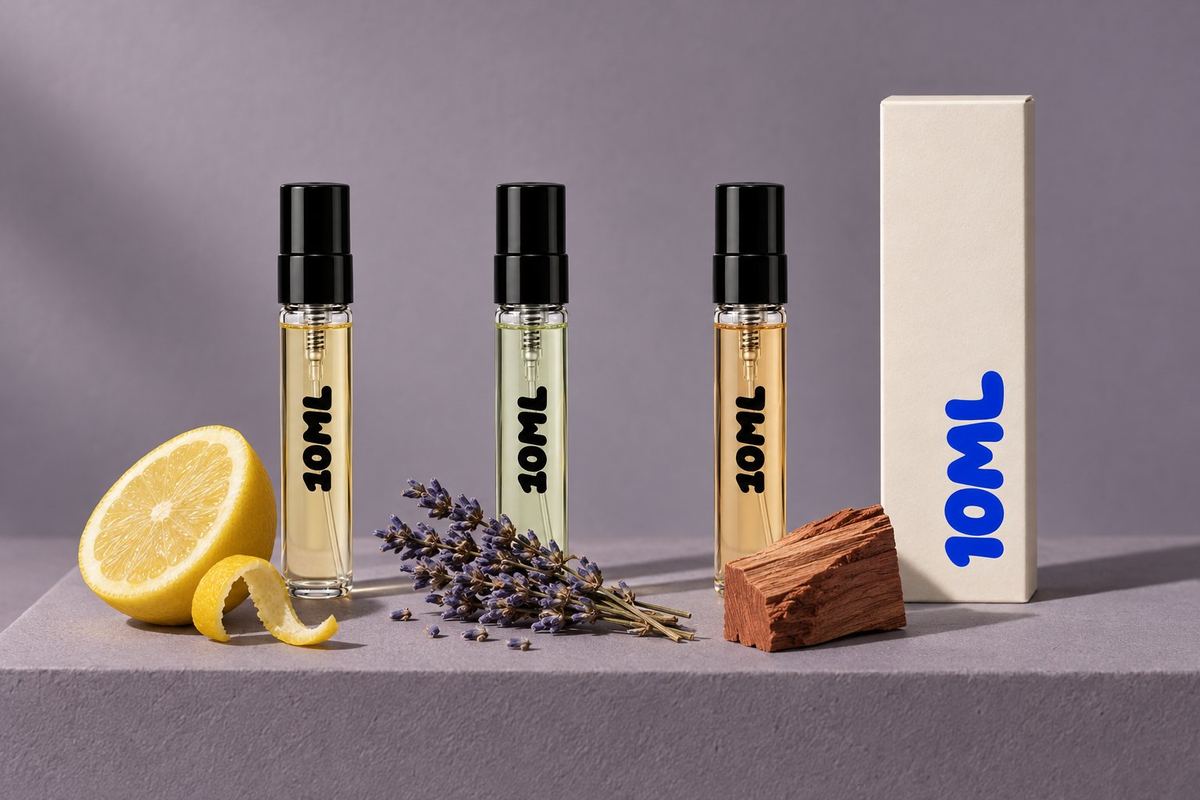 Trzy odlewki 10ML 3ml męskich perfum: świeżych, aromatycznych i drzewnych, z przekrojoną cytryną, suszoną lawendą i blokiem drewna cedrowego