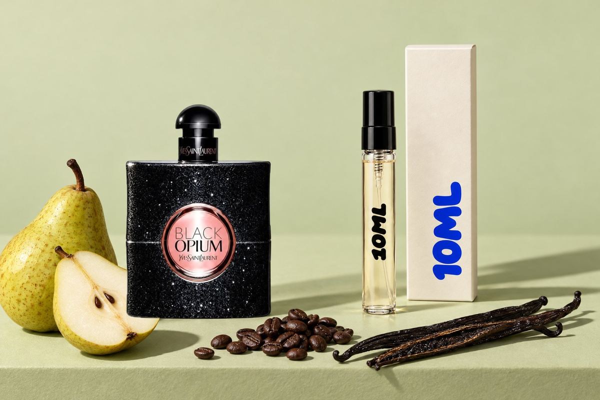 Black Opium by Yves Saint Laurent next to a 10ML decant, with pear, coffee and vanilla, its key notes