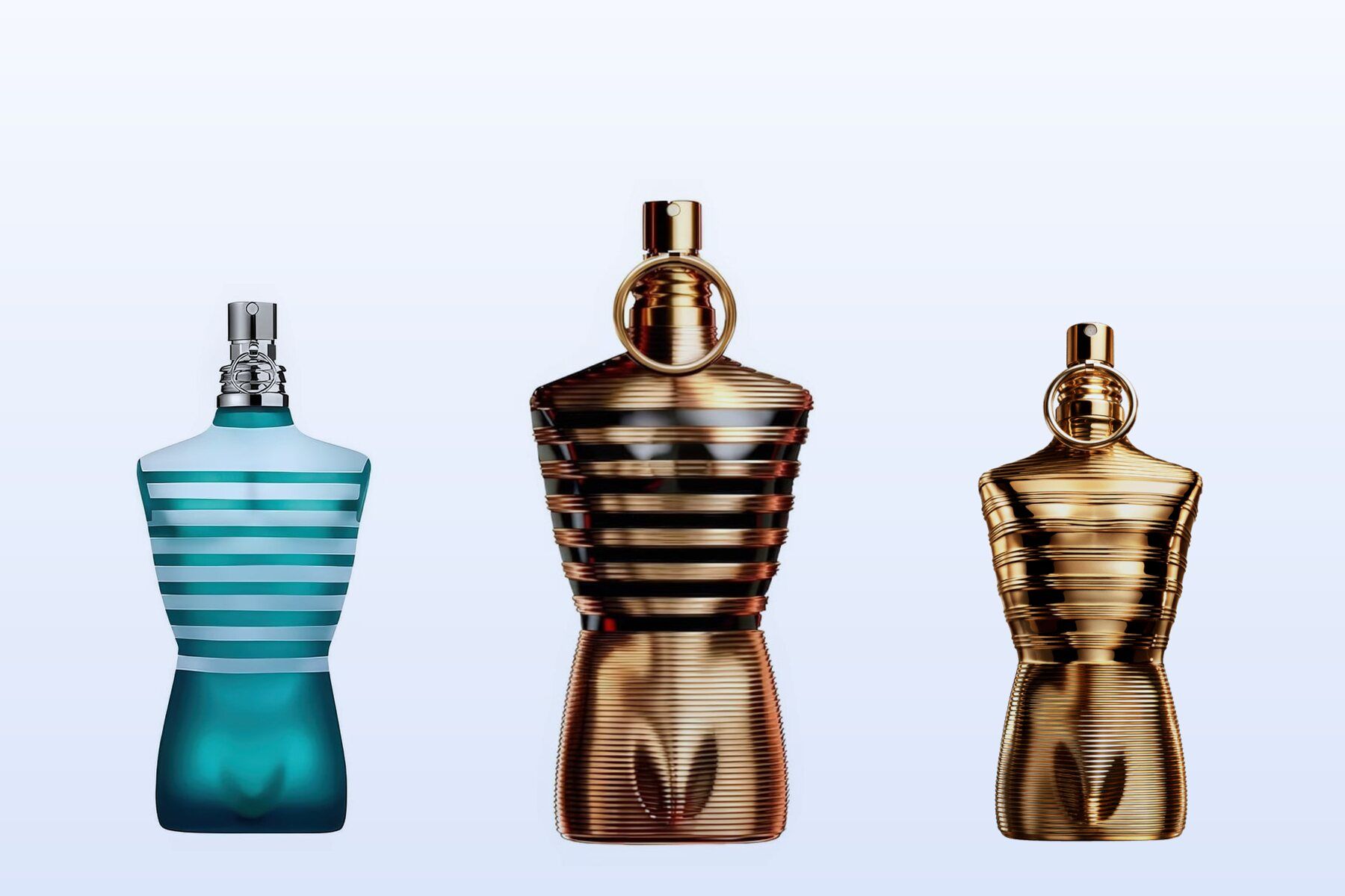 Le Male, Le Male Elixir and Le Male Elixir Absolu by Jean Paul Gaultier, three bottles on a pale blue background