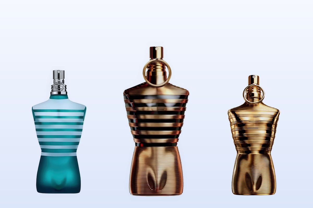 Le Male, Le Male Elixir and Le Male Elixir Absolu by Jean Paul Gaultier, three bottles on a pale blue background