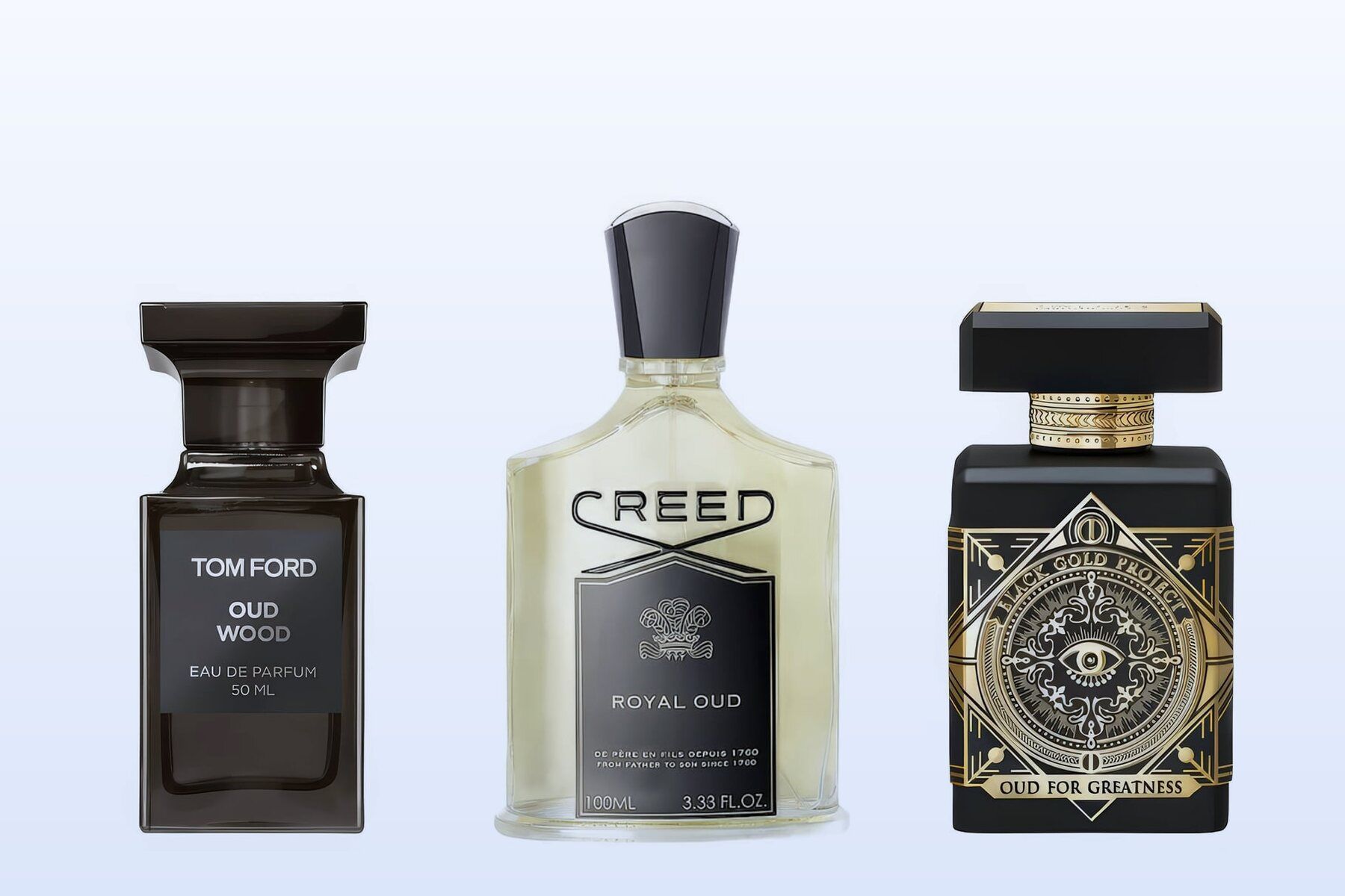 Oud Wood by Tom Ford, Royal Oud by Creed and Oud for Greatness by Initio Parfums Prives on a pale blue background