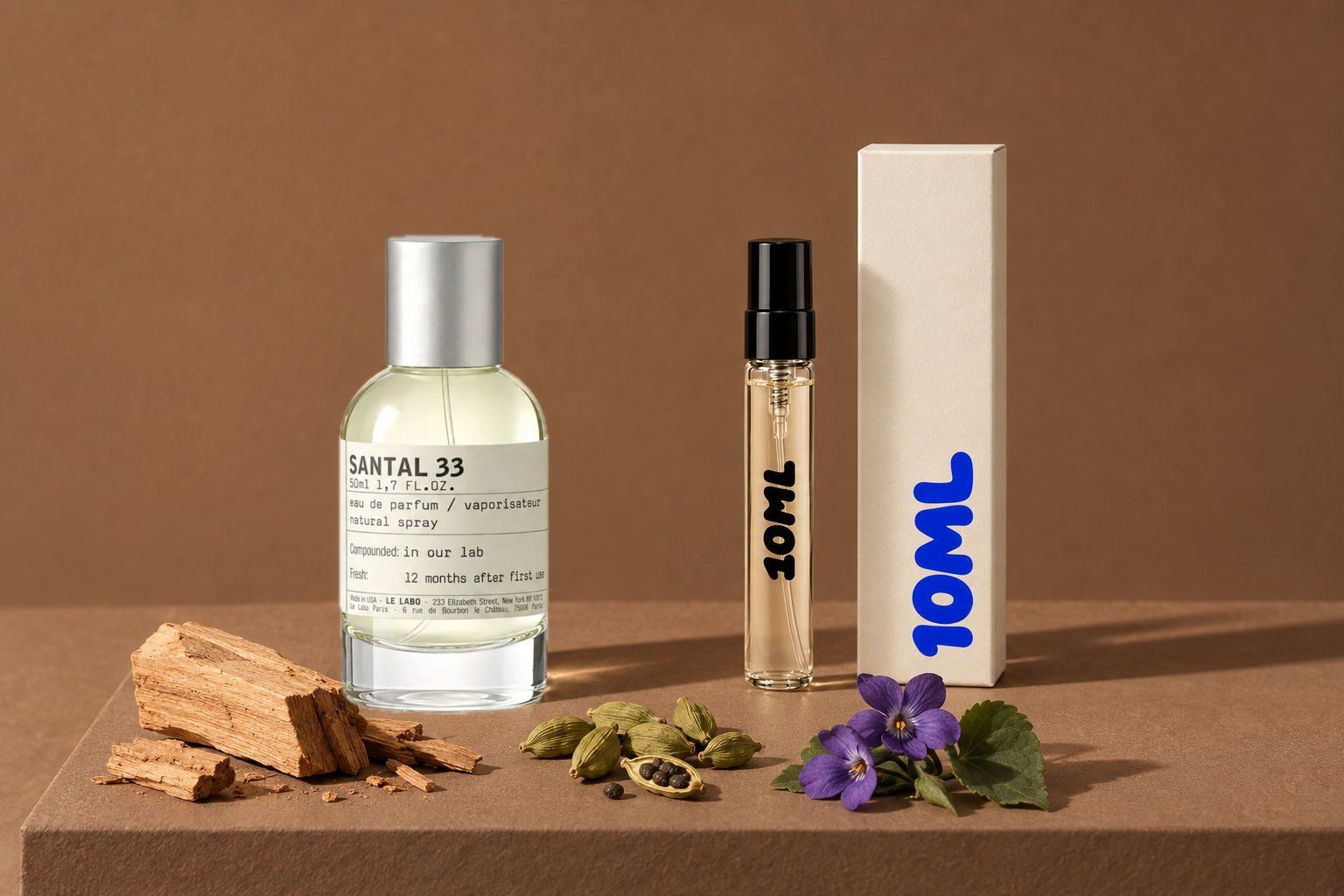 Santal 33 de Le Labo à côté d'un décant 10ML, avec ses notes clés : bois de santal, cardamome et violette