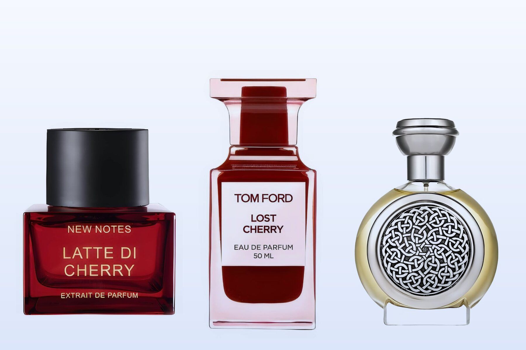 Trois flacons sur fond bleu pâle : Latte di Cherry, Lost Cherry et Bodacious