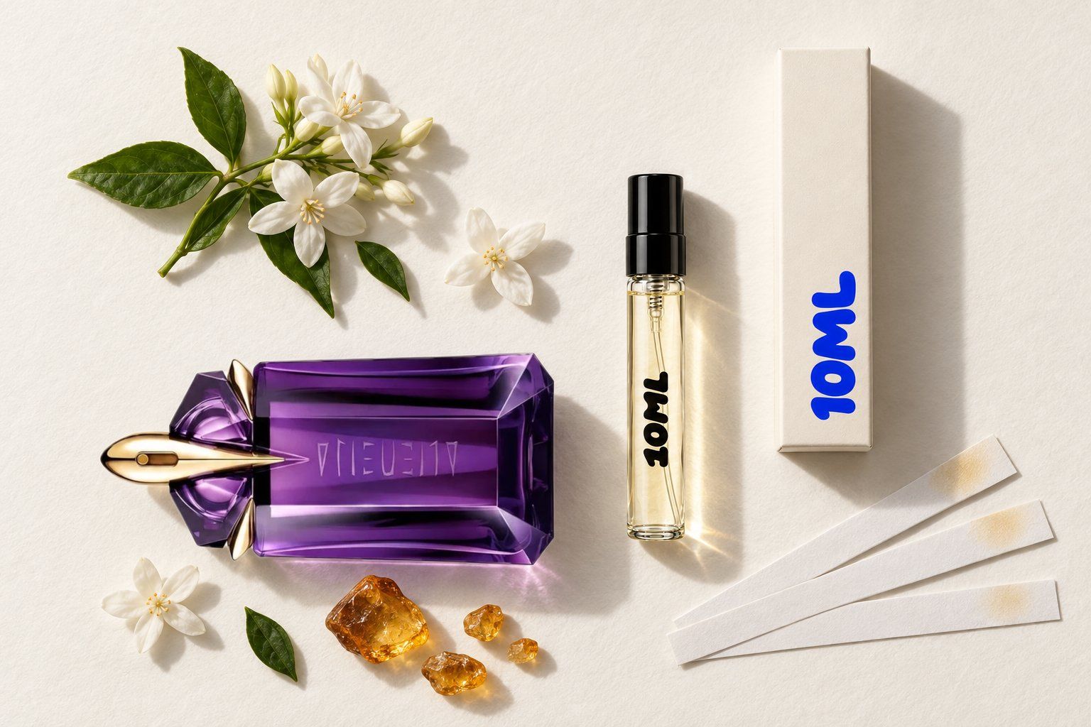 Alien van Mugler naast een 10ML-decant, met jasmijn en amber, de belangrijkste geurnoten