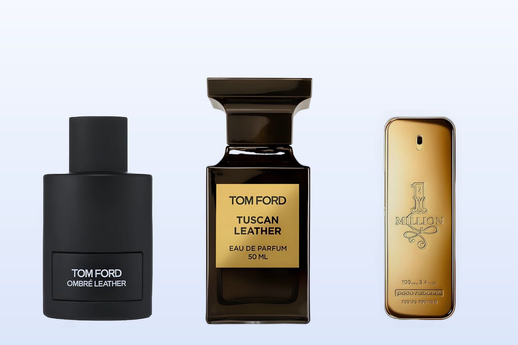 Three fragrance bottles, Ombre Leather, Tuscan Leather and 1 Million, on a pale blue background