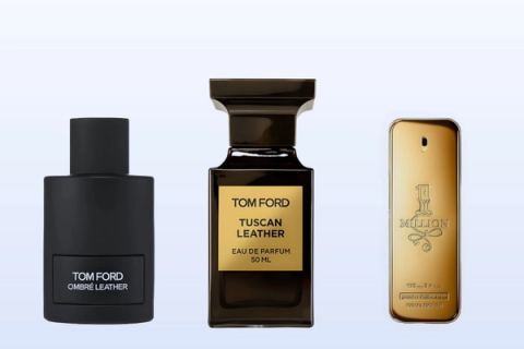 Három illatosítóüveg, Ombre Leather, Tuscan Leather és 1 Million, halványkék háttér előtt