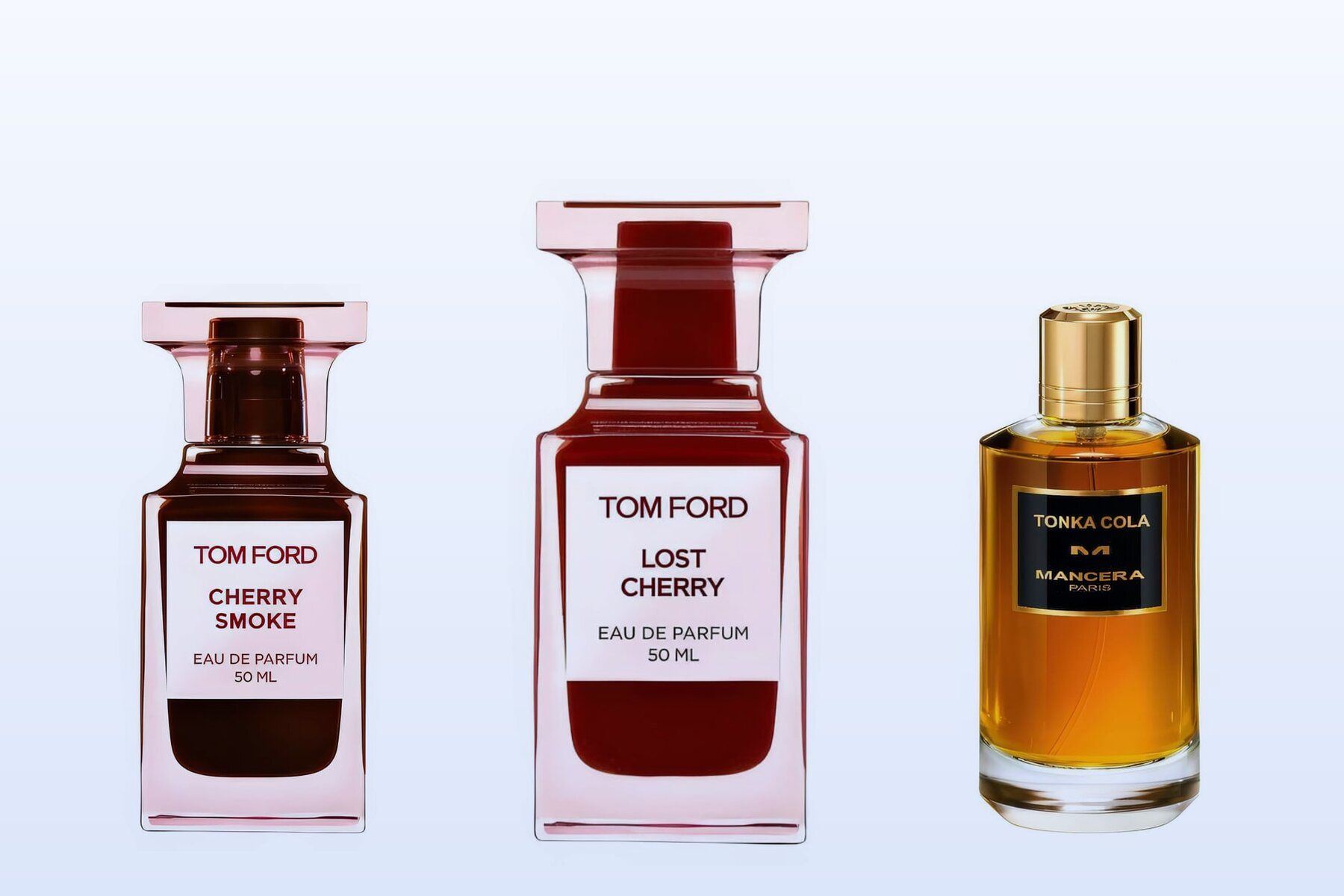 Three fragrance bottles, Cherry Smoke, Lost Cherry and Tonka Cola, on a pale blue background
