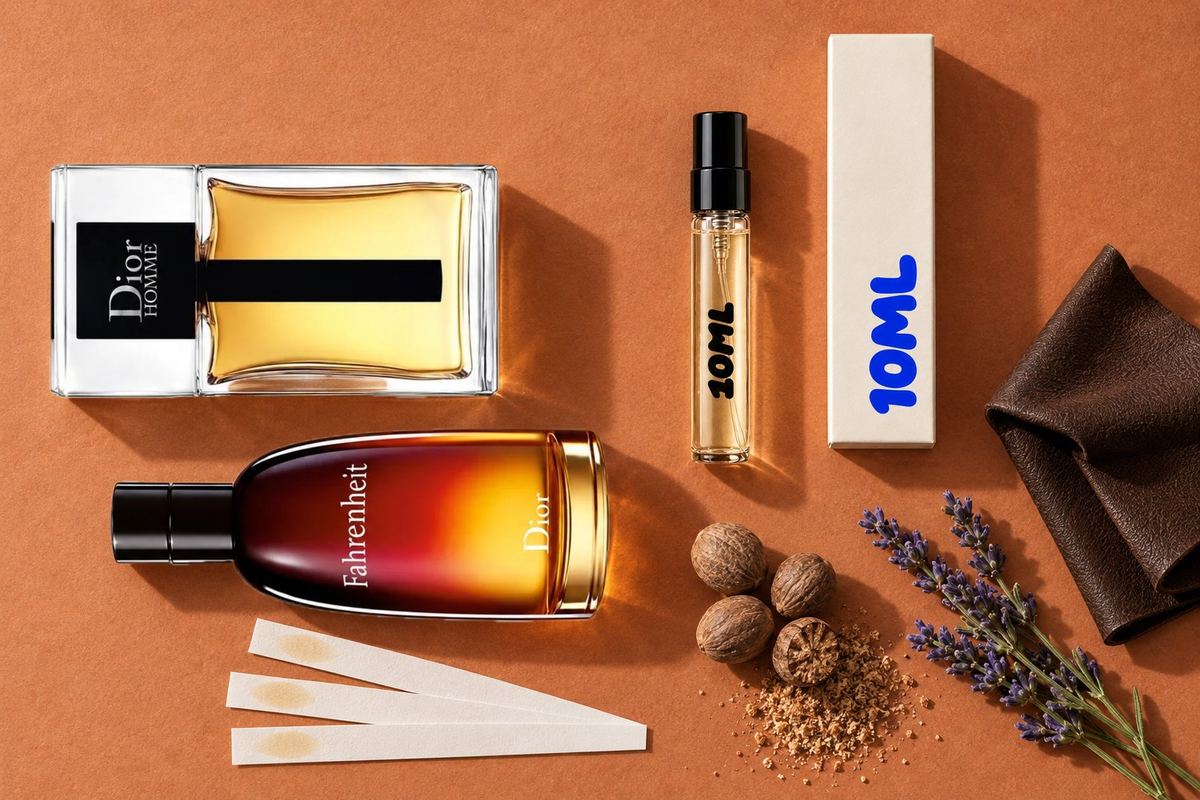 Fahrenheit by Dior next to a 10ML decant, with nutmeg, leather and lavender, its key notes