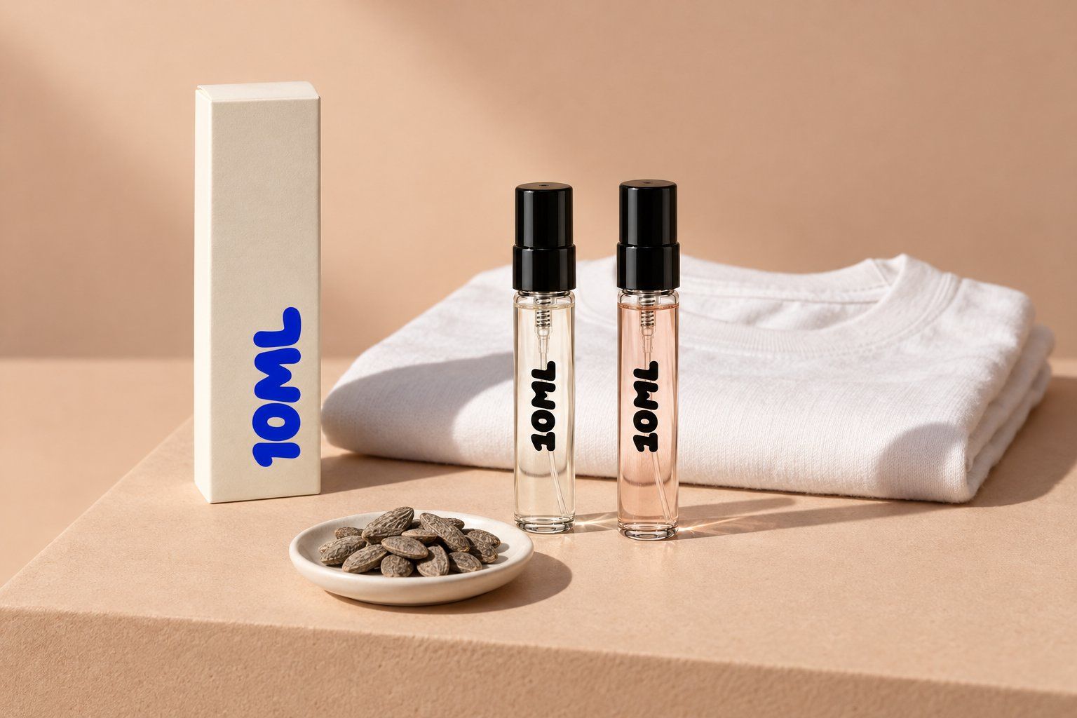 Twee 10ML-decants van 3ml met zachte muskgeuren naast een opgevouwen wit katoenen T-shirt en een hoopje ambrettezaad