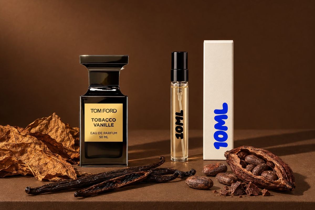 Tobacco Vanille de Tom Ford junto a un decant de 10ML, con sus notas clave: hoja de tabaco, vainilla y cacao