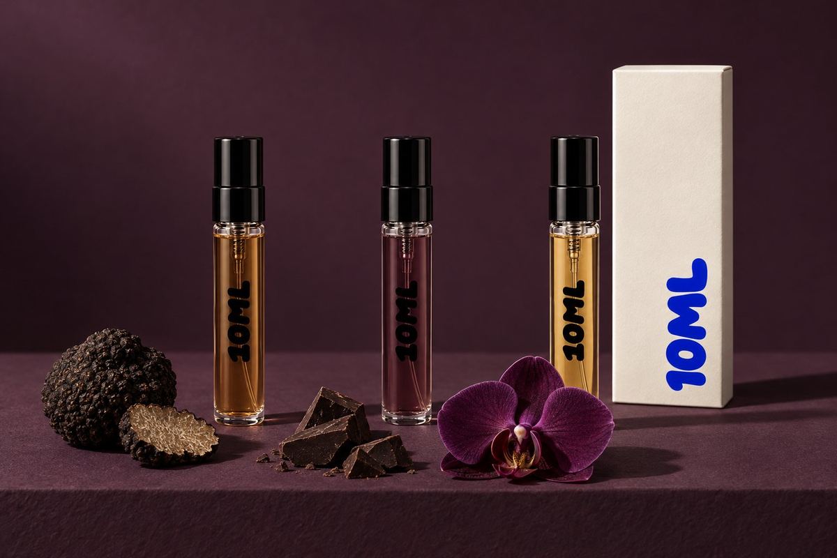 Three 10ML 3ml decants in amber, plum and honey tones beside a black truffle, dark chocolate and an orchid bloom, the notes of Tom Ford Black Orchid, Black Orchid Reserve and Velvet Orchid