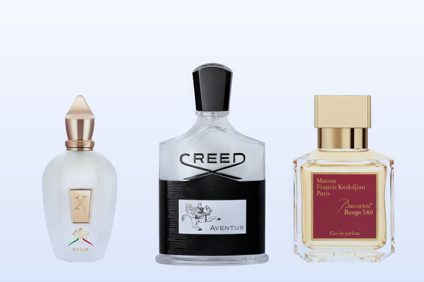 Three bottles, XJ 1861 Naxos, Aventus and Baccarat Rouge 540, on a pale blue background