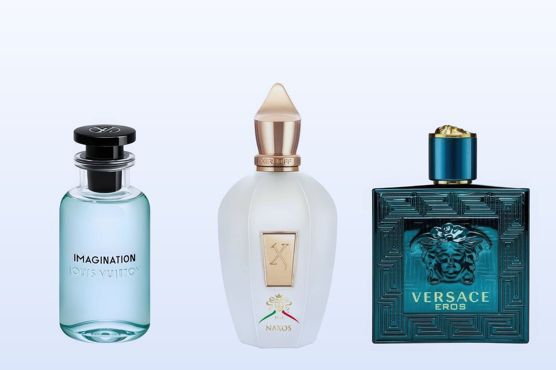 Three fragrance bottles, Imagination, XJ 1861 Naxos and Eros, on a pale blue background