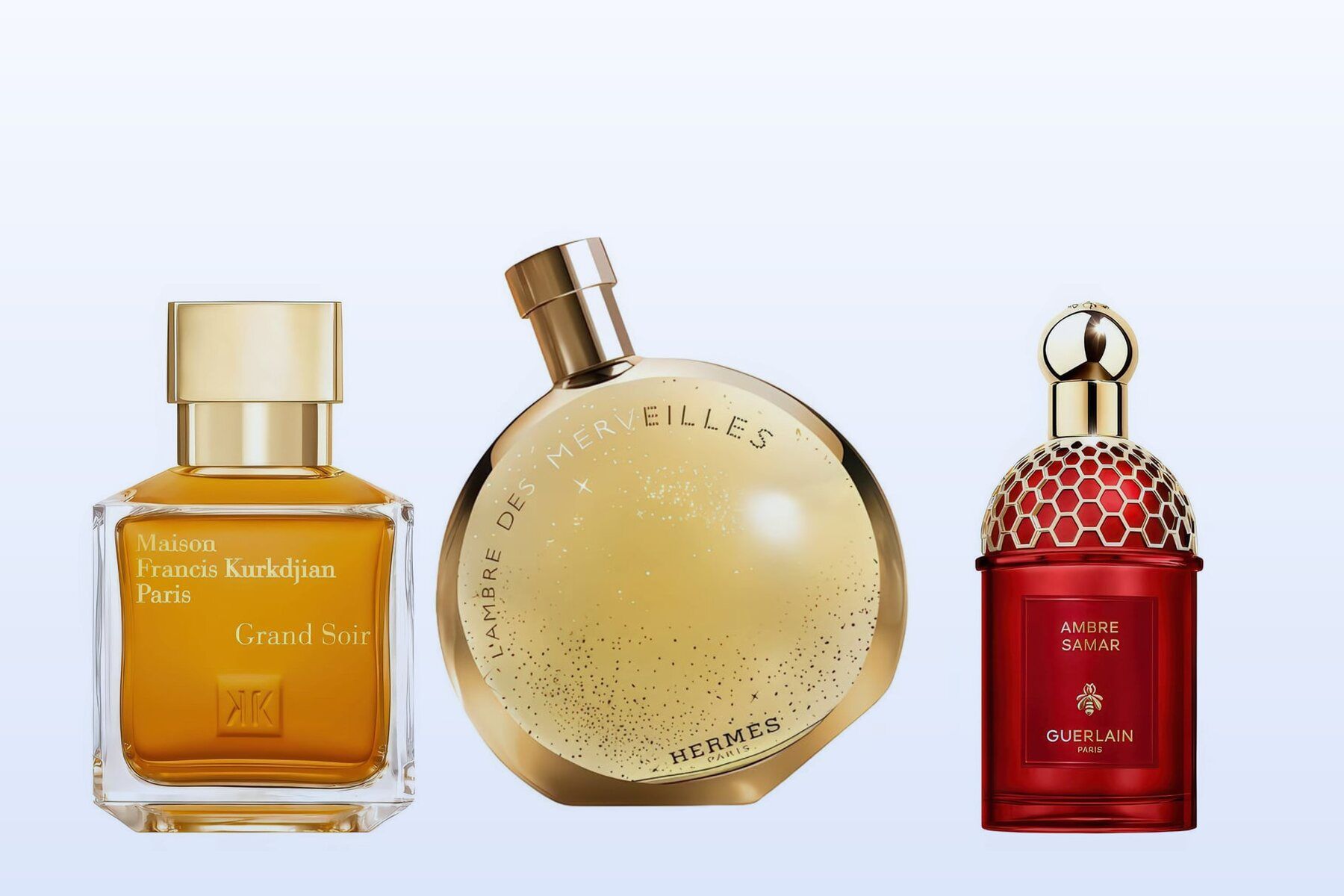 Maison Francis Kurkdjian Grand Soir, Hermès L’Ambre des Merveilles and Guerlain Ambre Samar on a pale blue background