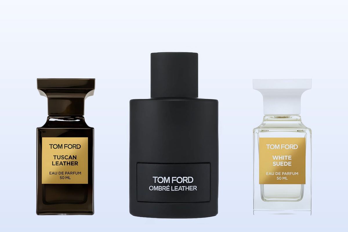 Tuscan Leather, Ombre Leather and White Suede by Tom Ford on a pale blue background