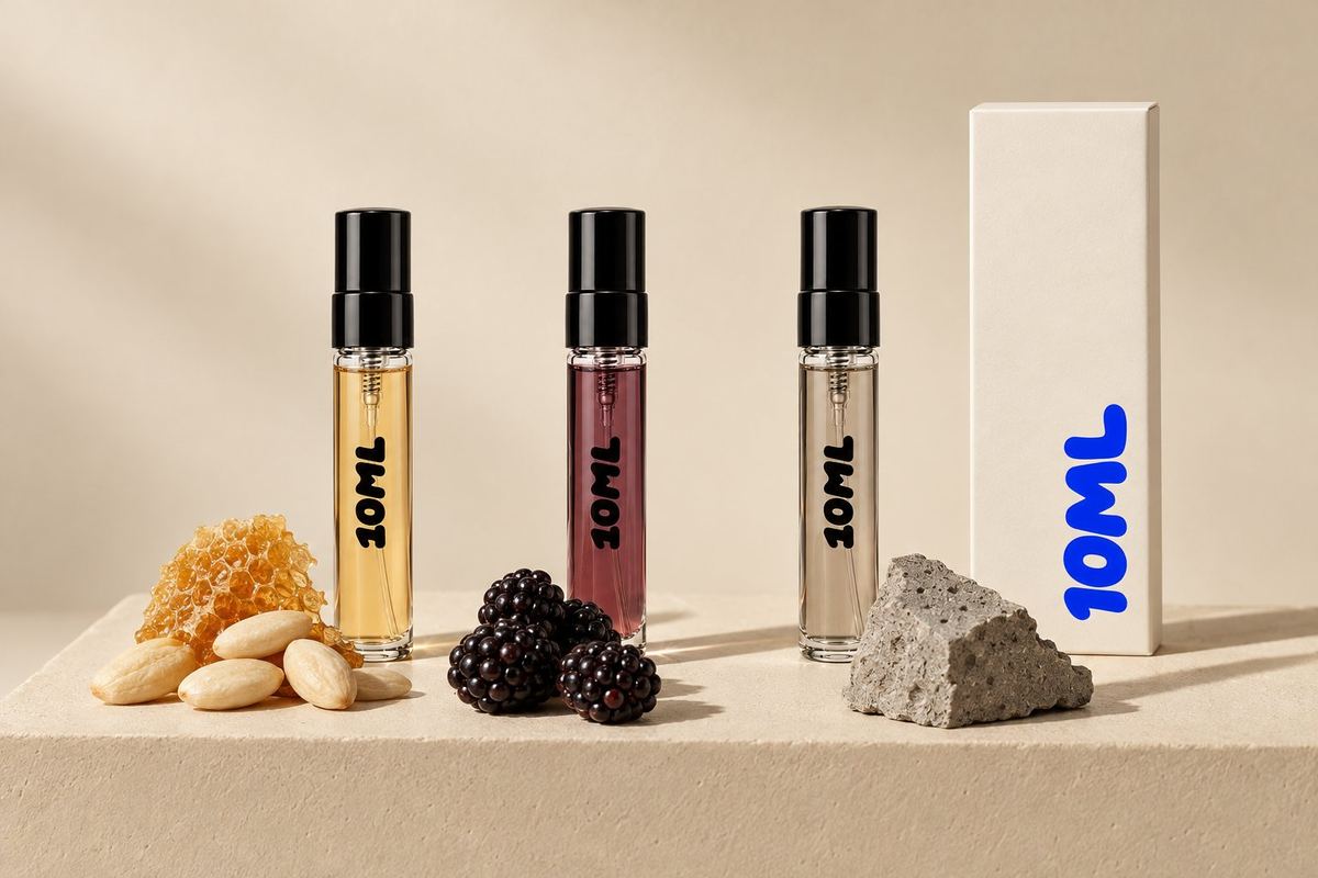 Three 10ML 3ml decants of Toskovat' perfumes beside almonds with honeycomb, blackberries and a grey concrete slab, the notes of Amaretto in the Melting Room, Born Screaming and Inexcusable Evil