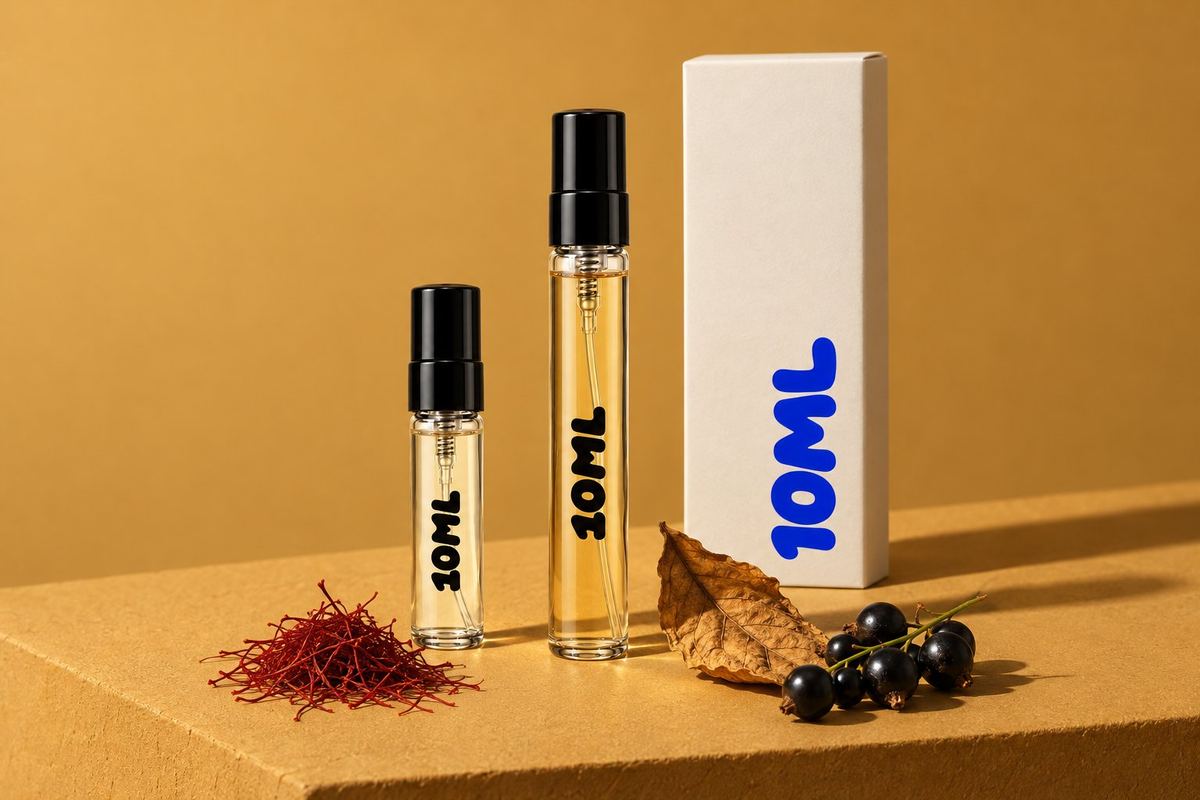 Odlewka 10ML 3ml i odlewka 10ML 10ml obok pudełka 10ML, z nitkami szafranu, suszonym liściem tytoniu i czarnymi porzeczkami