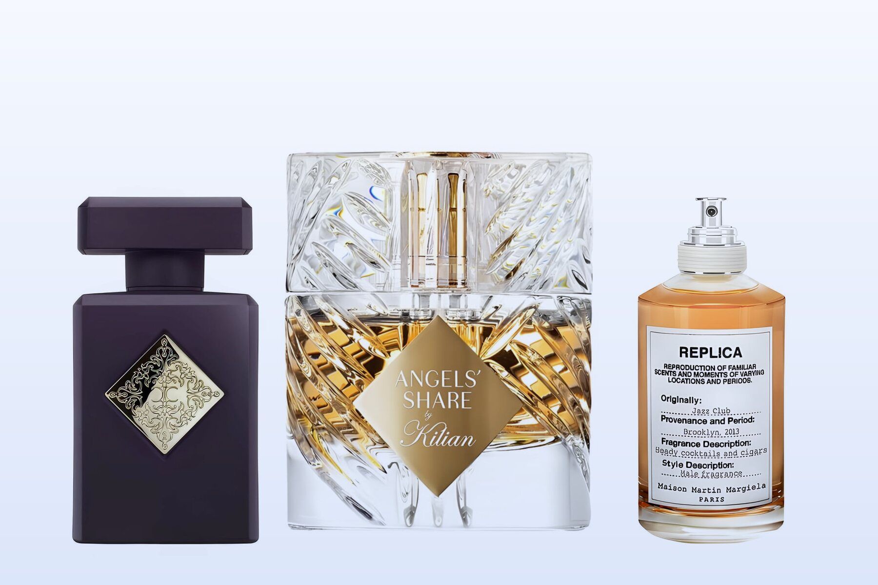 Three bottles on a pale blue background, Can't Get Enough by Initio, Angels' Share by Kilian and Jazz Club by Maison Margiela