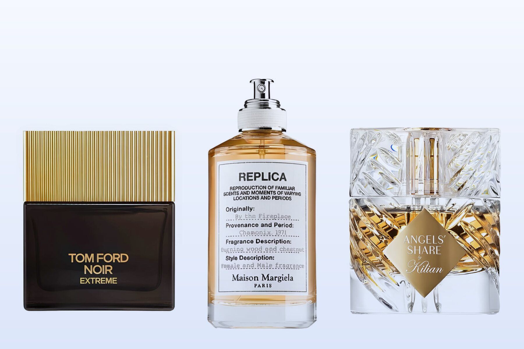 Three bottles on a pale blue background, Noir Extreme, By the Fireplace and Angels' Share