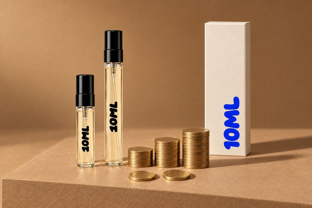 Odstřik 10ML 3ml a 10ml vedle tří rostoucích sloupců mincí, ceny parfémů Louis Vuitton za ml