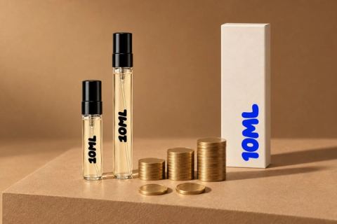 Un decant de 3ml y otro de 10ml de 10ML junto a tres montones de monedas cada vez más altos, para los precios por ml de los perfumes Louis Vuitton