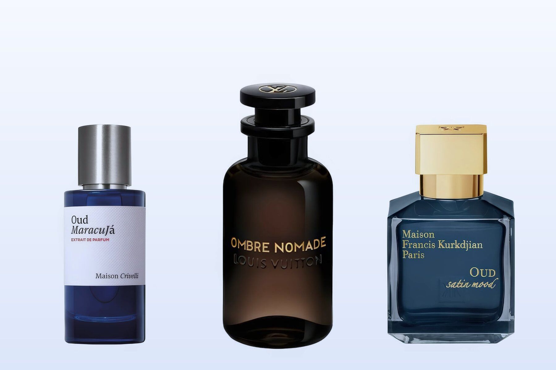 Drei Flakons vor hellblauem Hintergrund: Oud Maracujá, Ombre Nomade und Oud Satin Mood