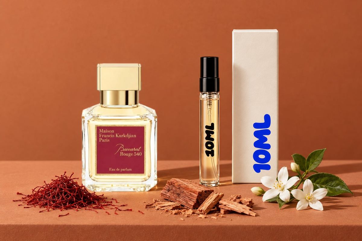 Baccarat Rouge 540 van Maison Francis Kurkdjian naast een 10ML-decant, met saffraan, cederhout en jasmijn, de belangrijkste noten