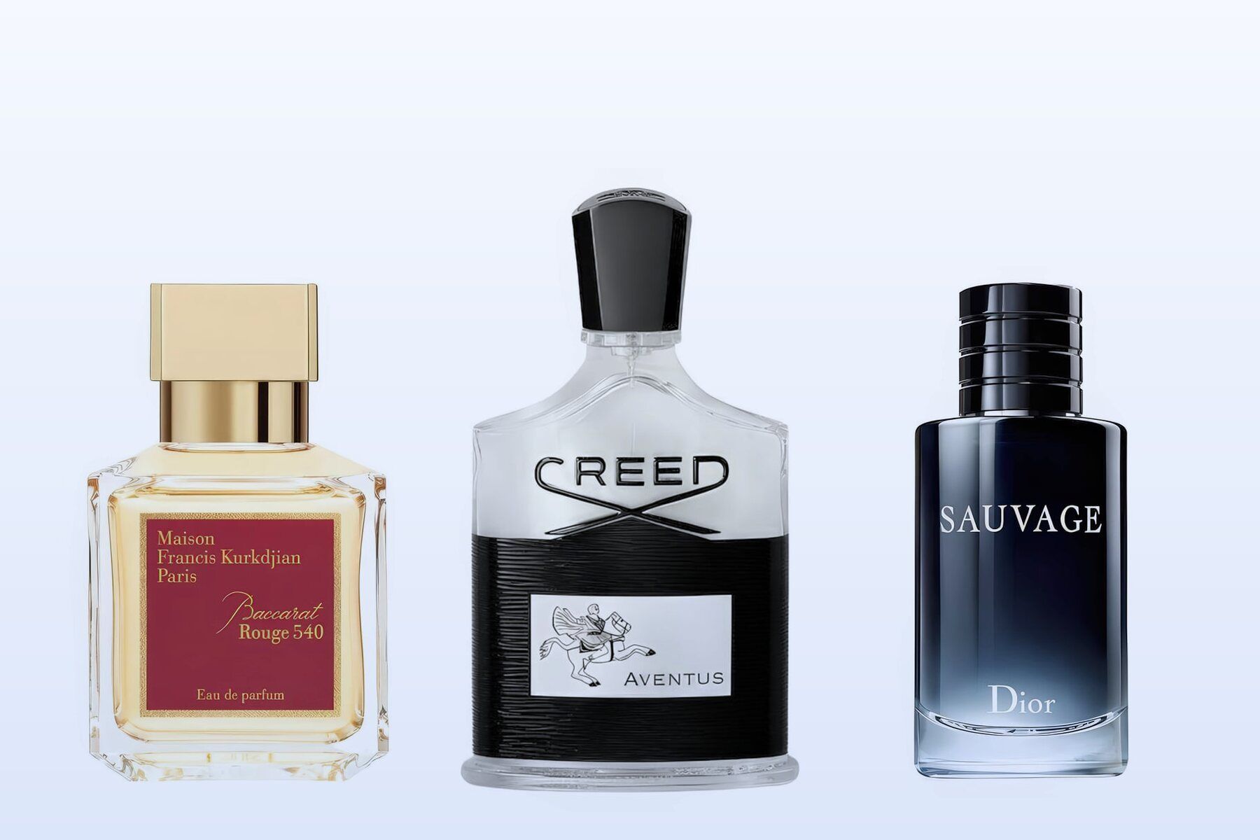 Baccarat Rouge 540, Aventus and Sauvage bottles side by side on a pale blue background