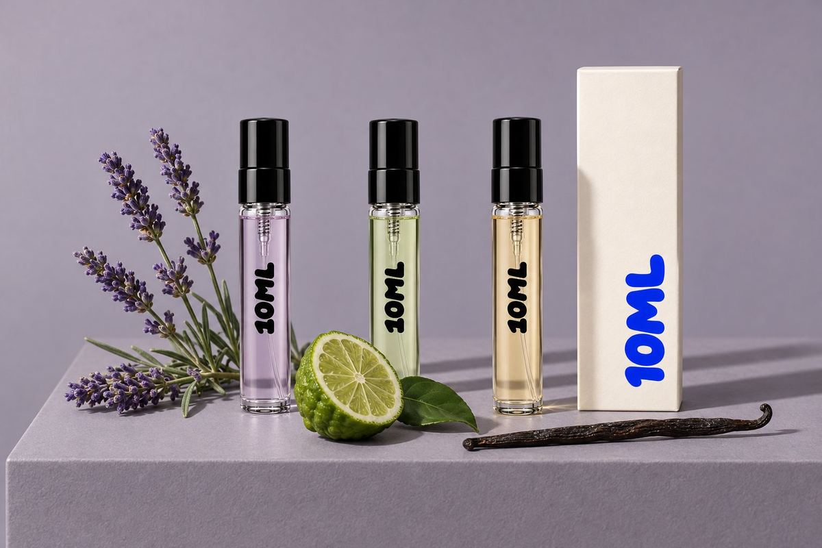Trei decanturi 10ML de 3ml cu parfumuri cu lavandă, cu fire de lavandă proaspătă, o bergamotă înjumătățită și o păstaie de vanilie
