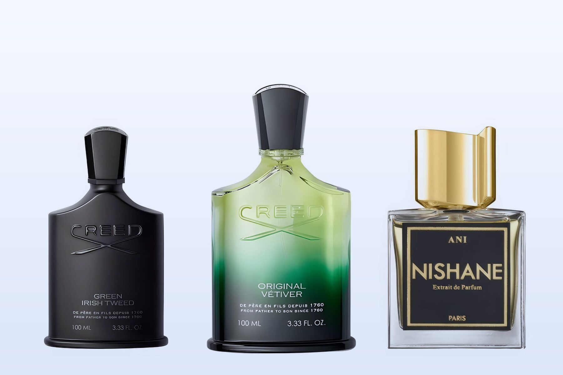 Creed Green Irish Tweed, Creed Original Vetiver and Nishane Ani on a pale blue background