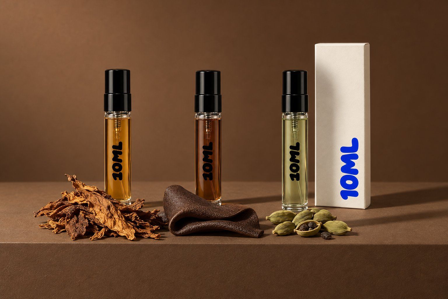 Three 10ML 3ml decants with dried tobacco leaves, soft leather and cardamom pods, notes from these three Penhaligon's perfumes