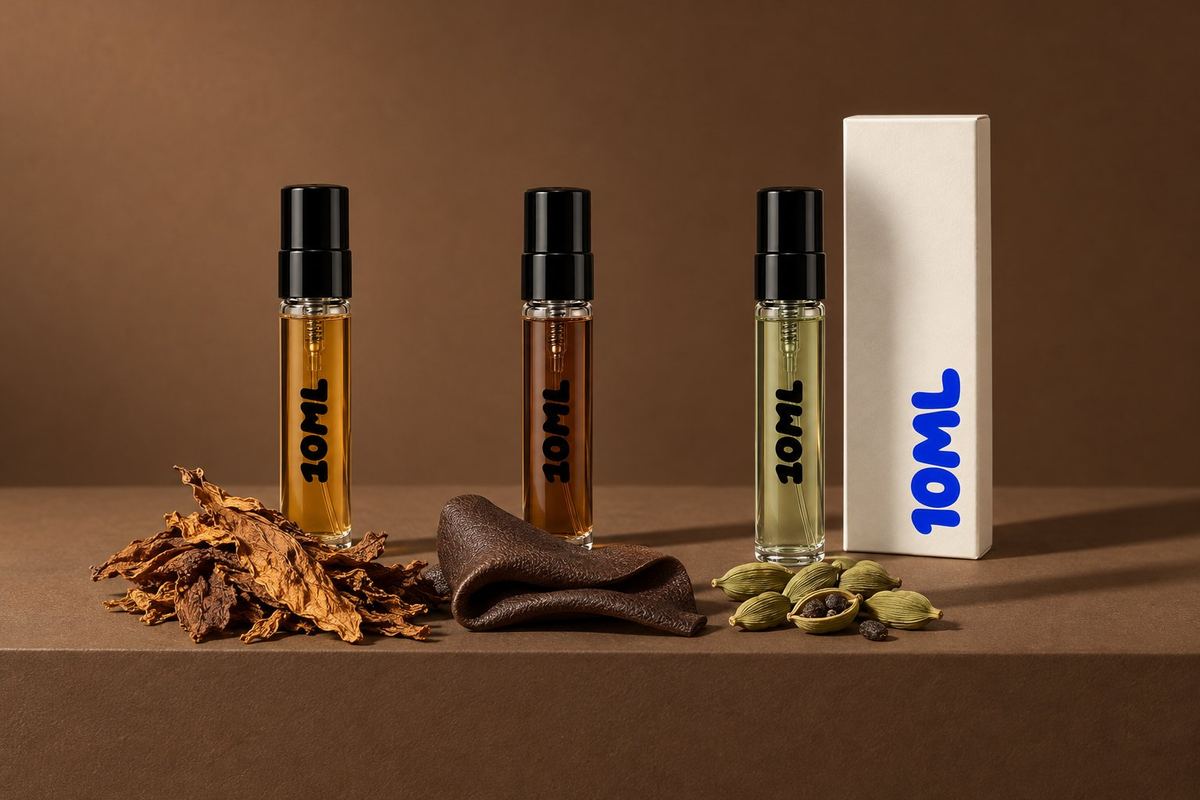 Drie 10ML 3ml-decants met gedroogde tabaksbladeren, zacht leer en kardemompeulen, noten uit deze drie Penhaligon's-parfums