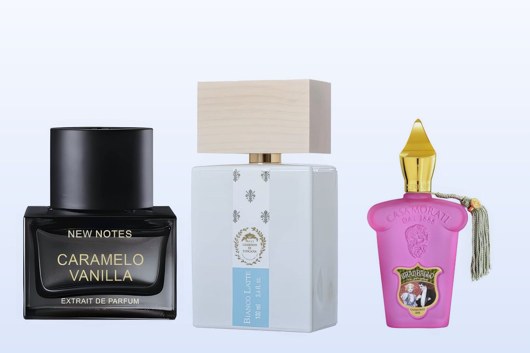 Three bottles on a pale blue background, Caramelo Vanilla, Bianco Latte and Gran Ballo