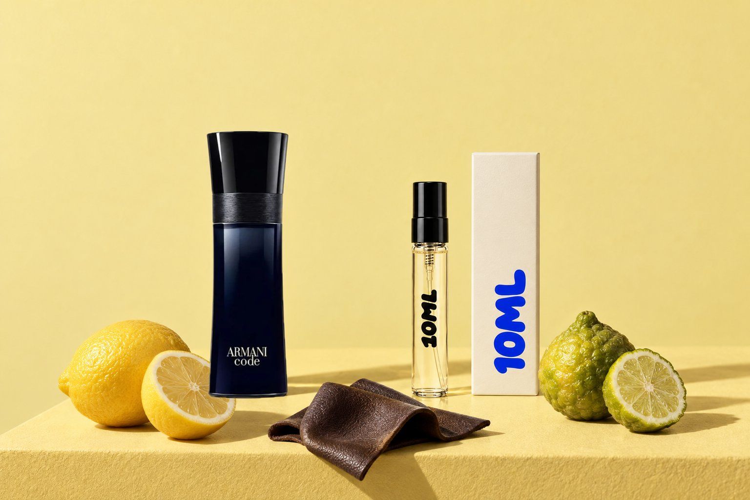 Armani Code by Giorgio Armani next to a 10ML decant, with lemon, leather and bergamot, its key notes
