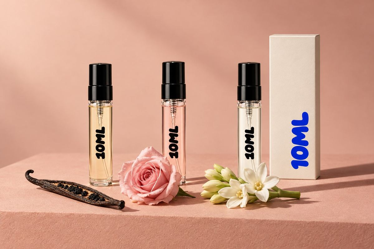 Three 10ML 3ml decants with a vanilla pod, a pale pink rose and white tuberose, the notes of the Valentino perfumes