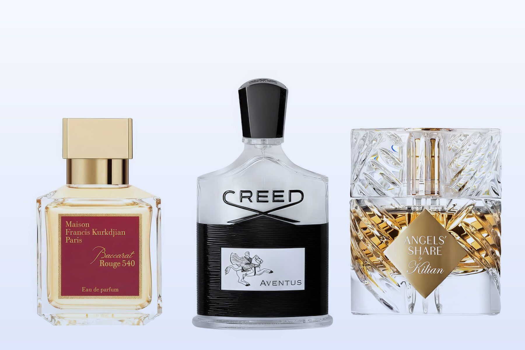 Trei flacoane de parfum, Baccarat Rouge 540, Aventus și Angels' Share, pe un fundal albastru-pal