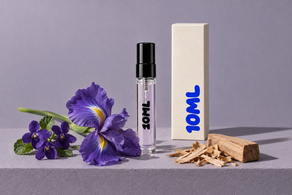 A 10ML 3ml decant of Creed Iris Debonair beside an iris flower, violets and sandalwood, notes from its heart and base