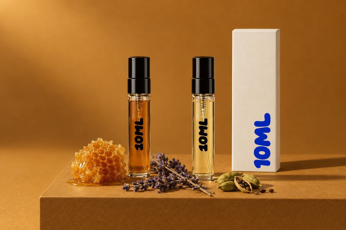 Two 10ML decants of deep amber and pale gold perfumes with golden honeycomb, cardamom pods and dried lavender