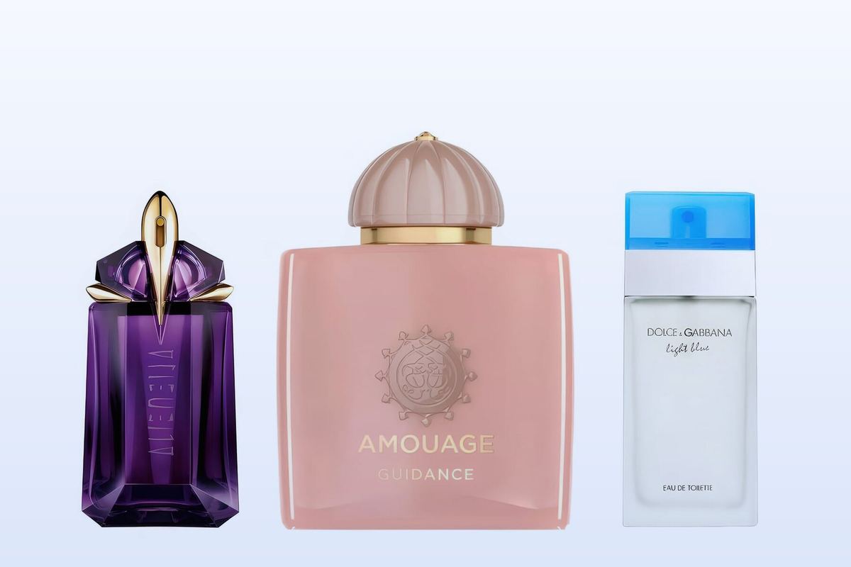 Three fragrance bottles, Alien, Guidance and Light Blue, on a pale blue background