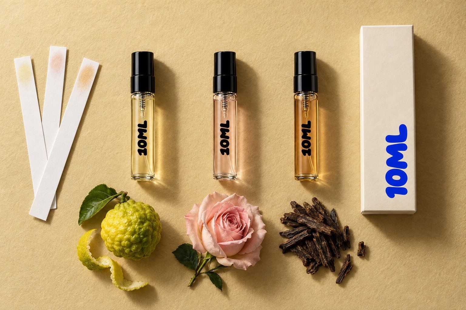 Drei 10ML-Abfüllungen à 3ml mit goldenen, rosa und ambrafarbenen Düften, dazu eine Bergamottefrucht, eine blasse Rose und dunkle Oud-Holzspäne