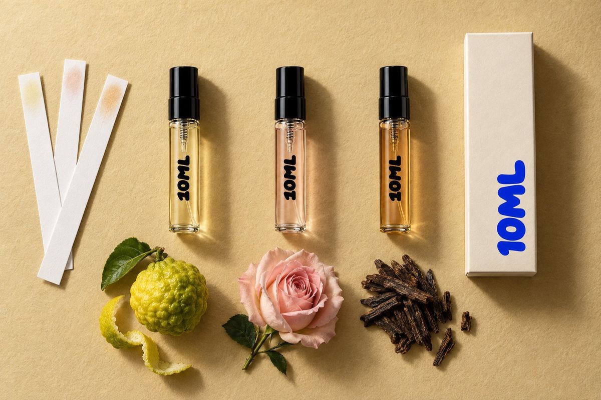 Drei 10ML-Abfüllungen à 3ml mit goldenen, rosa und ambrafarbenen Düften, dazu eine Bergamottefrucht, eine blasse Rose und dunkle Oud-Holzspäne